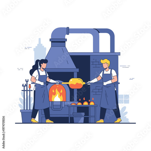 Skilled Artisans Crafting Molten Glass with Precision.