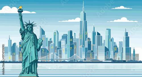An illustrative depiction of the iconic Statue of Liberty standing proudly in the foreground with the majestic New York City skyline across the water under a clear blue sky.