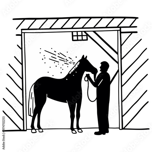 A minimalist vector illustration of a man standing with a horse in a barn
