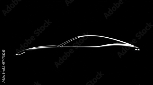 Even Studio Lighting Emphasizing Contours on Modern Automobile, Pure Black Background Side View, Clean Lines Minimalist Composition, Automotive Design Showcase