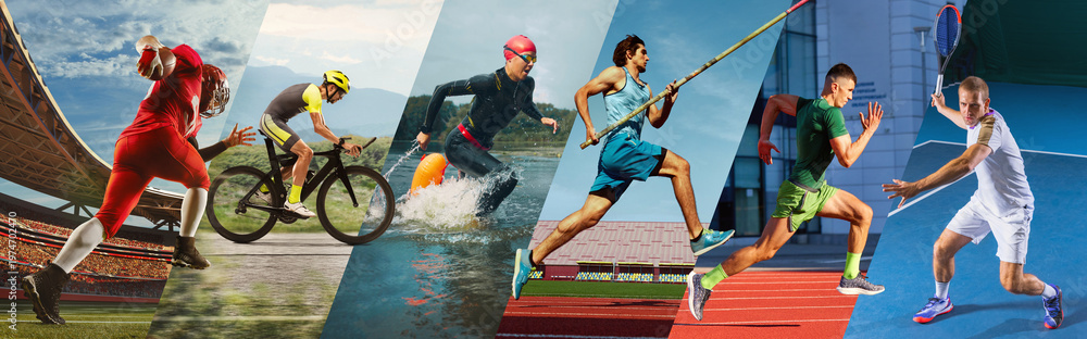 Obraz premium Collage of athletes in different sports action across stadium track water and court scenes. Concept of multi sport diversity, training performance, competition lifestyle and athletic achievement.