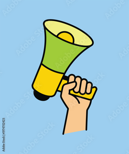 Flat vector illustration of a hand holding a megaphone, colorful bullhorn for marketing and communication, protest and public speaking concept