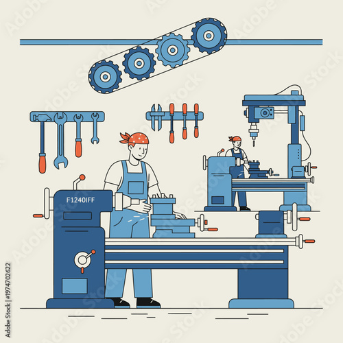 Skilled Craftsman Operating Lathe Machine in Workshop.