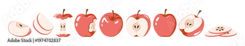 Set of red apples with whole, sliced, half and core pieces. Fruit vector illustration