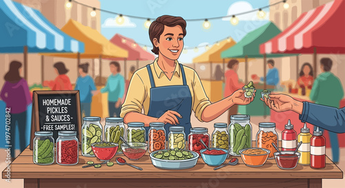 Smiling vendor selling homemade pickles and sauces at market.