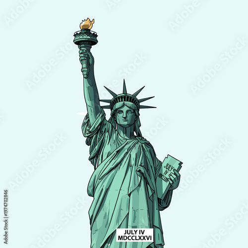 Detailed illustration of the iconic Statue of Liberty holding a torch and a tablet with Roman numerals, set against a light blue background.