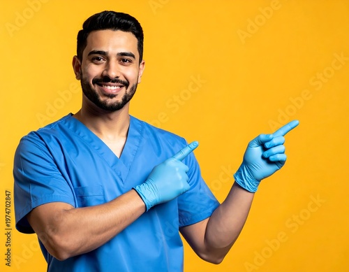 A smiling healthcare professional with dark hair and a beard, wearing blue scrubs and gloves, points towards the right