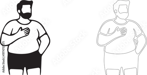 Plus size bearded man with hand on chest. Vector editable template.