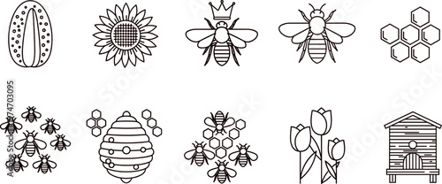 Bee icons set, honeycomb beehive sunflower insect outline collection, apiculture symbols, minimal line art, nature pollination illustration isolated pack