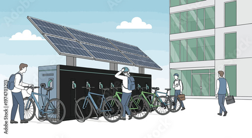Solar Powered Bicycle Parking Station with People.