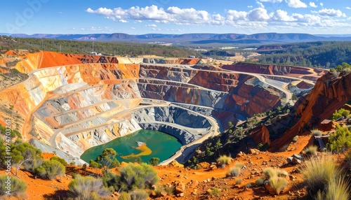A large open-pit mine with a turquoise pond surrounded by orange soil and greenery