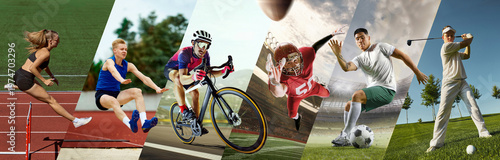 Athletes collage showing track field cycling football and golf actions in dynamic composition. Concept of sport variety, outdoor activity, healthy lifestyle, progress and competitive performance.