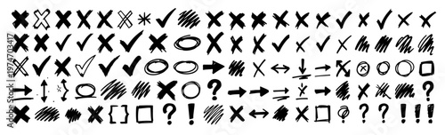 Hand drawn doodle vector pack of correction marks, playful sketchy black ink pen editing symbols, check marks, crosses, highlights, and annotations for creative designs