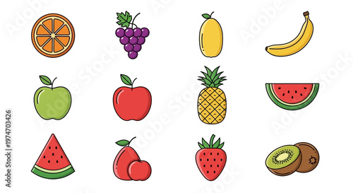 Colorful cartoon fruit icons set.