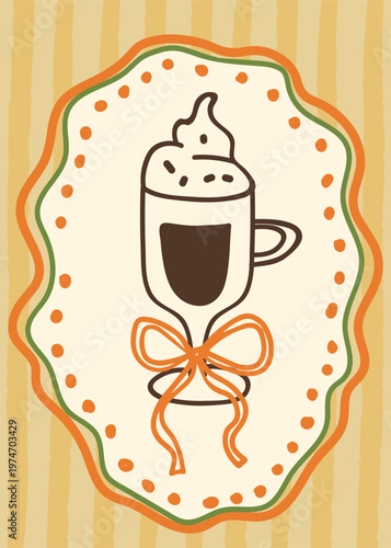 Hot latte with whipped cream in glass mug with decorative ribbon and dotted frame