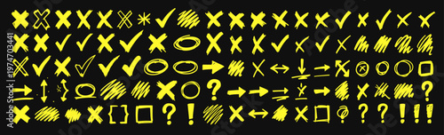 Hand drawn doodle correction marks set, playful sketchy ink pen editing symbols, vector illustrations