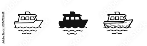 Motorboat Icon Set. Outline, Filled and Hand Drawn Style Passenger Boat Symbol on Waves.