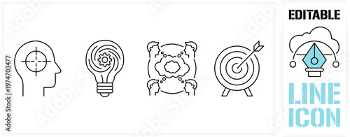 Editable line icon set in a black simple and clean vector customisable outline stroke for team brainstorming, creative idea generation, mental focus targeting, group discussion and strategic solution.