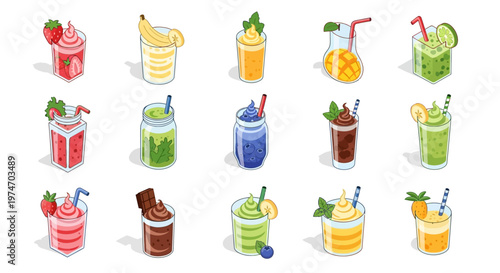 Colorful drinks with straws and garnishes.