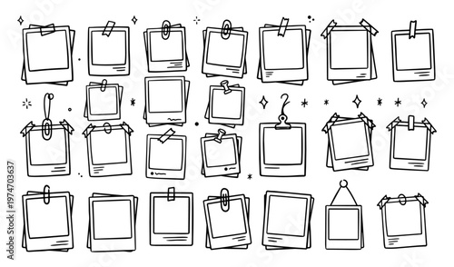 Hand drawn doodle instant photo frames set, polaroid style with tape and clips, fun sketchy ink pen elements, expressive vector collection, 