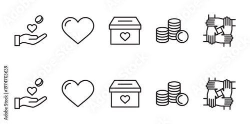 A modern set of black outline icons representing charity, donation, and community support, including hands giving, hearts, donation boxes, coins, and intertwined hands, ideal for web design