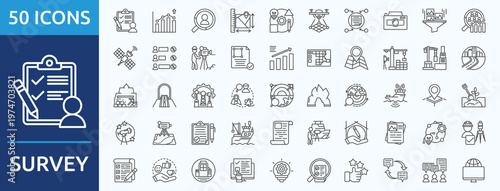 survey - Icon Collection. Thin outline Set contains such Icons as statistic, human research, spatial measurement and more. Simple web icons set
