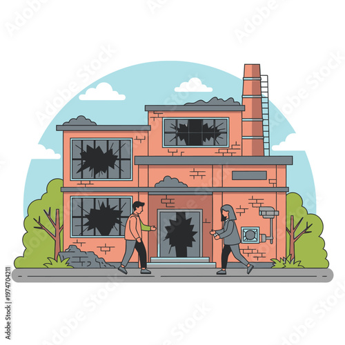 Two people standing outside a derelict factory building.