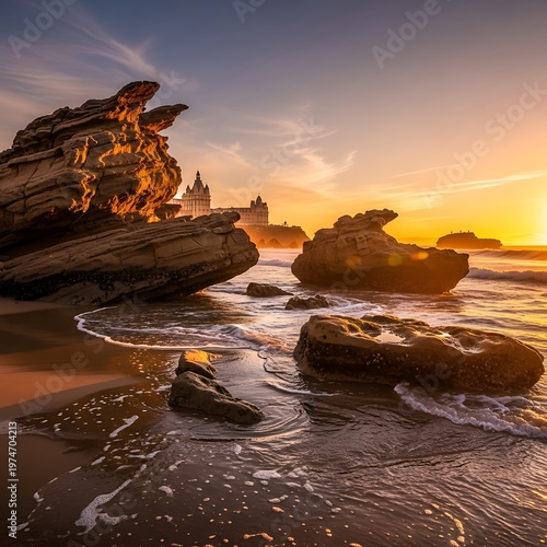 Coastal Sunset Rocks and Ocean Waves at Golden Hour.