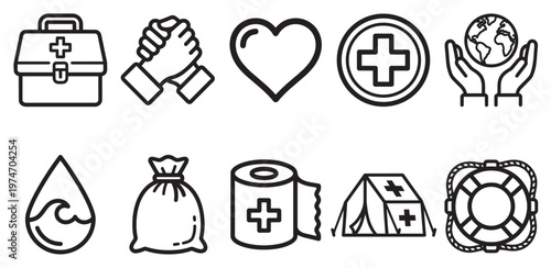 This collection of ten black and white line art icons illustrates essential themes of humanitarian aid, medical emergency, and global support, suitable for web design or informational graphics.