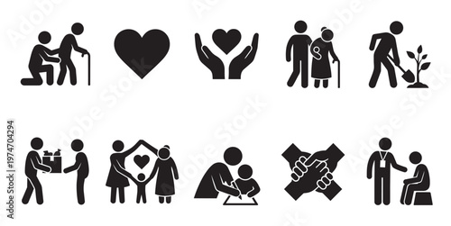 This comprehensive vector icon set, featuring black silhouettes on a white background, illustrates diverse acts of social responsibility, care, community support, charity.