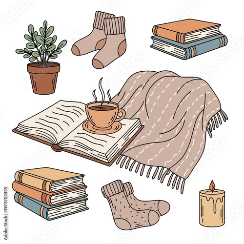 Cozy home relaxation set with books coffee mug warm socks and blanket illustration for hygge lifestyle concept featuring indoor plant and candle in hand drawn style.
