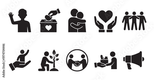 A collection of black silhouette vector icons on a white background, illustrating concepts of community, charity, support, and volunteerism, suitable for social responsibility and non-profit projects.