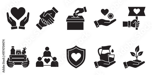 A collection of bold black silhouette icons on a clean white background, illustrating various concepts of charity, donation, community support, and helping hands, ideal for social responsibility