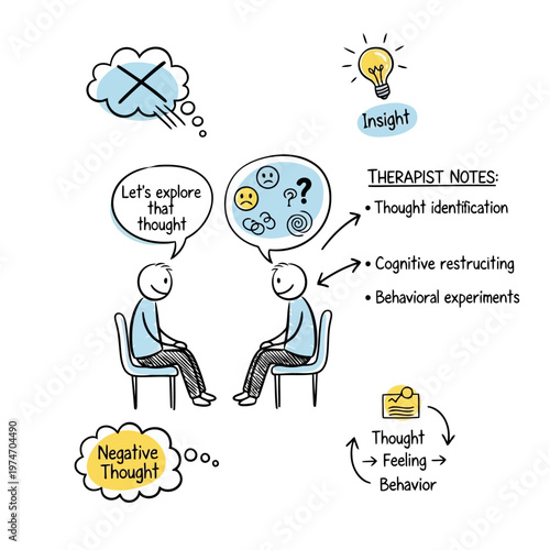 Therapist notes and counseling session illustration showing psychologist talking to patient with mental health icons and cognitive behavioral therapy concepts and ideas.