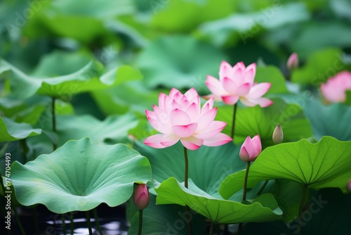 Pink lotus flowers blooming surrounded by large green leaves in a tranquil pond setting