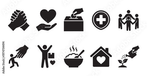 A diverse collection of black silhouette flat icons representing charity, community support, giving, health, and humanitarian aid, isolated on a clean white background for various philanthropic design