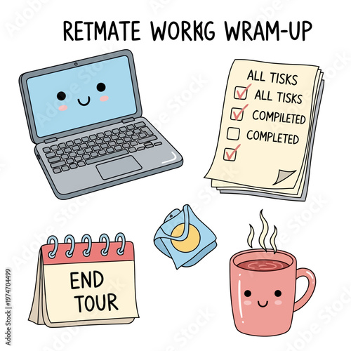 Remote work wrap up illustration with cute laptop character paper checklist showing task completion calendar showing end tour and steaming hot coffee mug on white.