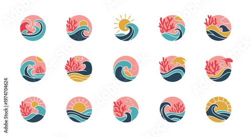 Set of Circular Abstract Ocean Wave and Sun Icons.