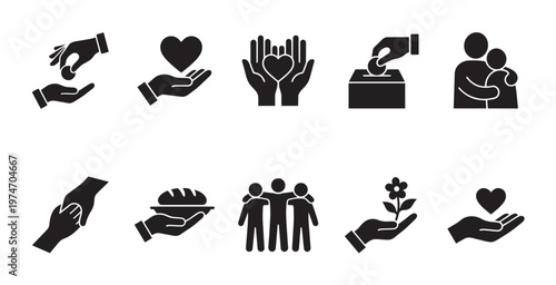 This vector icon set displays black glyphs on a white background, illustrating various acts of charity, kindness, and donation, emphasizing help, community, and philanthropy.