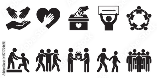 A comprehensive set of black silhouette vector icons illustrating various concepts of charity, community, help, support, donation, and teamwork, ideal for modern digital design.