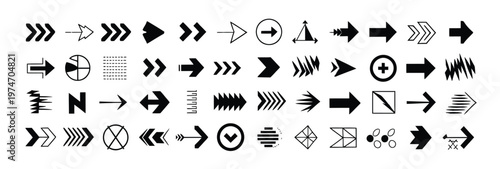 Collection of diverse black arrow icons and symbols for navigation and direction on a white background.