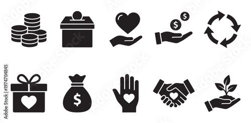 A collection of black glyph icons illustrating charity, donation, giving, financial support, and community assistance themes on a clean white background.