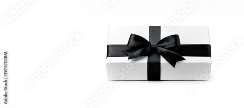 White gift box with black bow. Surprise. No white background isolated.