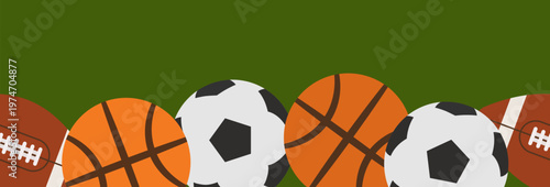 Sports balls seamless border. Soccer ball, basketball and football. Vector hand drawn illustration.