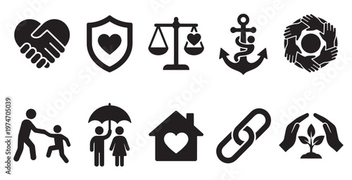 This set of black silhouette icons on a white background symbolizes essential concepts like social responsibility, protection, unity, and family, perfect for business, non-profit.