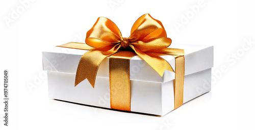White gift box with golden bow. Surprise. No isolated on white background.