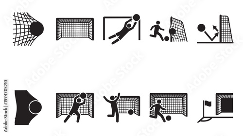 A comprehensive vector icon set depicting various soccer (football) actions including scoring goals, goalkeeper saves, and players, rendered as clean black silhouettes on a white background.