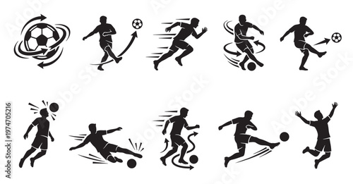 A collection of black silhouette illustrations showcasing dynamic soccer players performing various actions like running, kicking, heading, and tackling a football.