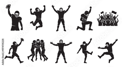 A dynamic collection of black American football player and fan silhouettes on a white background, depicting various poses of celebration, action, and teamwork, conveying excitement and triumph.