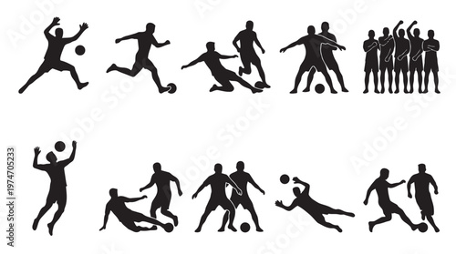 A collection of dynamic black soccer player silhouettes engaged in various football actions, including kicking, defending, and celebrating.